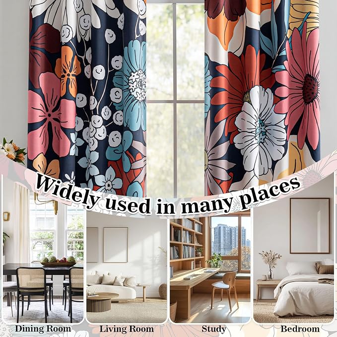 MYSKY HOME Boho Floral Blackout Curtains 84 inch Long for Living Room Thermal Insulated Privacy Protect Noise Reduction Black Out Flower Pattern Grommet Drapes for Dining Room Bedroom, 2 Pcs, 52" Wide