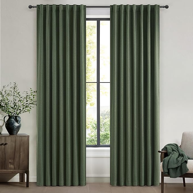 QJmydeco Dark Green Curtains 86 Inches Long, Blackout Spring Curtains for Living Room Cooling Heat Reflective Linen Look Vintage Drapes for Bedroom Back Tab Pleated (Olive,2Panels W50 xL86)