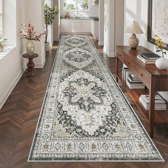 Madane Hallway Runner Rug 3x12 Washable Kitchen Runners 12ft, Black | Vintage Non Slip Area Rugs for Hallways, Soft Low-Pile Thin Farmhouse Wide Floor Carpet for Entryway Foyer Bathroom Bedroom