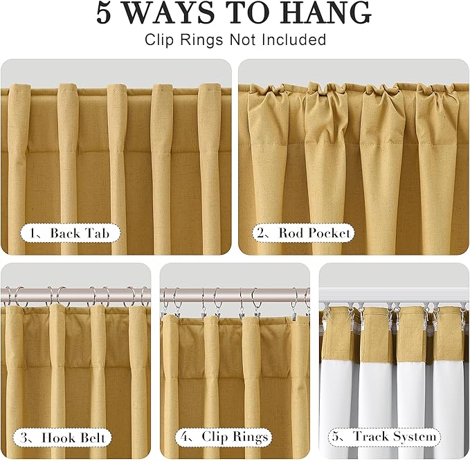 Joywell 100% Blackout Linen Curtains 108 Inch Long for Large Bedroom Window Black Out Curtain Light Blocking Drapes Floor to Ceiling Hook Belt Back Tab 2 Panels Set,52 x 108,Gold