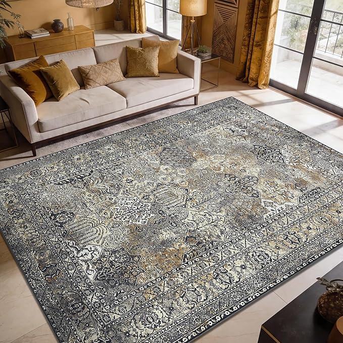 Keen Home Design 6x9 Rug - Machine Washable Area Rug with Non-Slip Backing, Ideal for Living Room, Dining Room, Bedroom - Vintage, Easy Clean, Durable, Low Pile Rug - (6' x 9')