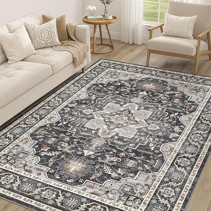 Vintage Living Room Area Rug 5x8 - Large Soft Washable Oriental Traditional Distressed Farmhouse Rugs for Bedroom - Indoor Floor Accent Carpet for Home Office House Decor - Black