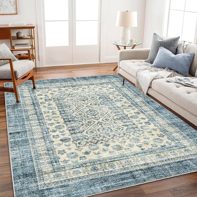 CHAMPLANT Washable Area Rug 3'x5' Vintage Traditional Floor Cover Foldable Thin Rugs Retro Kitchen Indoor Distressed Non Slip Carpet Floral Print Mat Bedroom Living Room