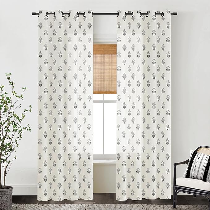 Grey Black Gothic Floral Curtains, Dark Academia Vintage Botanical Plaid Floral Modern Farmhouse Curtains for Office Living Room Bedroom
