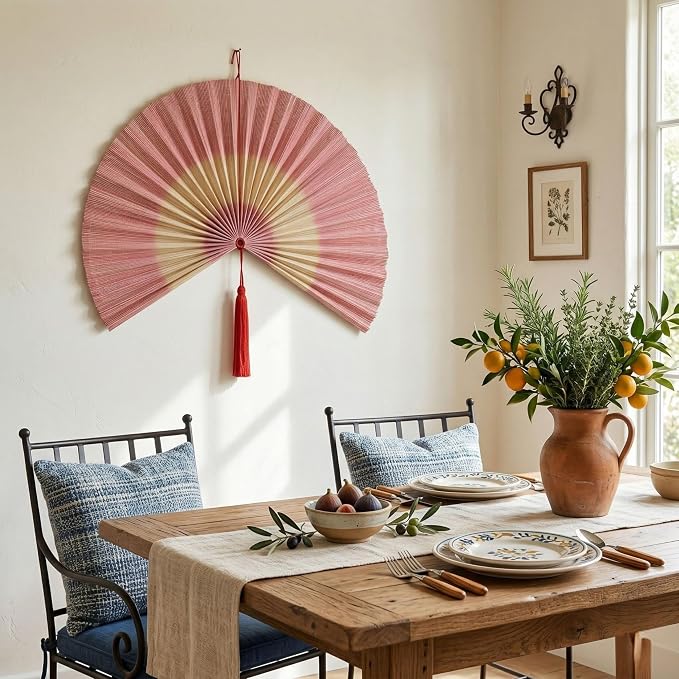 SUCHUBU Pink Bamboo Wall Fan, 47" Soft Aesthetic Wall Decor, Large Japanese Hanging Fan, Asian Wall Art for Nursery, Delicate Boho Bedroom Decor, Handwoven Bamboo Fiber (Pink White, Large)