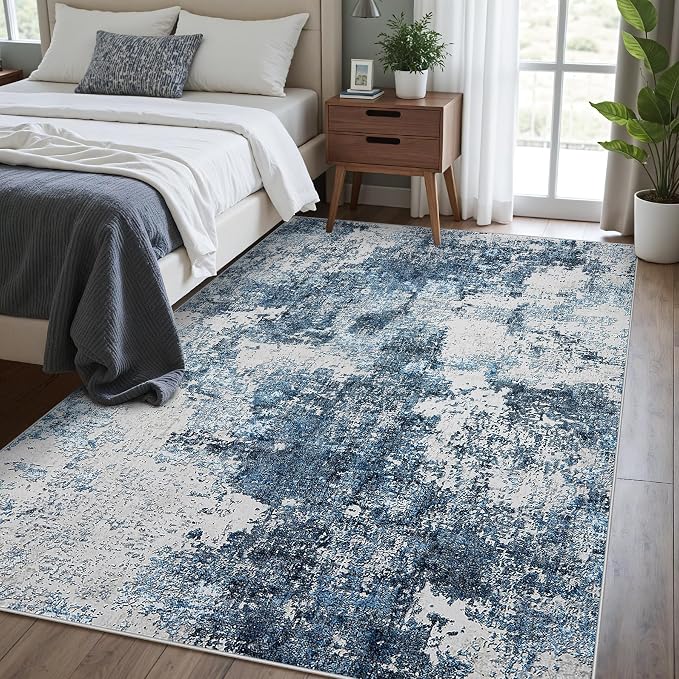 Area Rug Living Room Rugs: 5x7 Washable Rug with Anti-Slip Backing Non-Shedding Stain-Resistant Foldable Modern Abstract Carpet for Bedroom Dining Room Nursery Home Office (Blue)