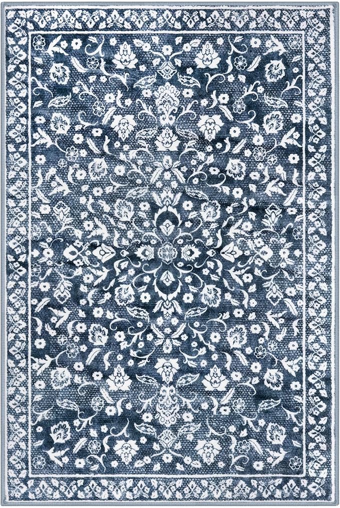 Vintage Entryway Rug Indoor, Navy Washable Rug 2x3, Small Area Rug with Non-Slip Backing, Floral Print, Thin Faux Wool Super Soft Door Mat for Kitchen, Entrance, Bedroom, Office