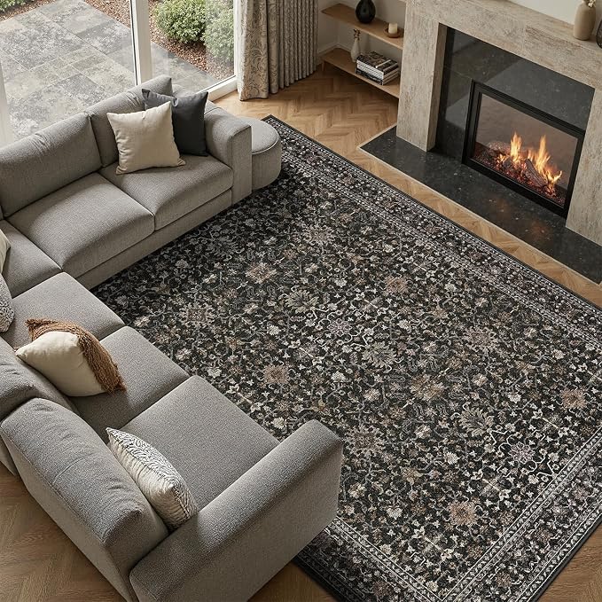 DCX Black 8x10 Rug, Kid & Pet Friendly with Rubber Back Non Slip, Machine Washable Stain Resistant Vintage Traditional Distressed Carpet, Rug for Living Room, Bedroom, Home Decor