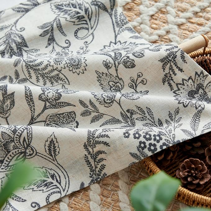 jinchan Linen Valance Curtain Farmhouse Floral Printed Small Window Curtain for Kitchen Rustic Light Filtering Valance for Living Room Bedroom Bathroom 16 Inch Rod Pocket 1 Panel Black on Beige