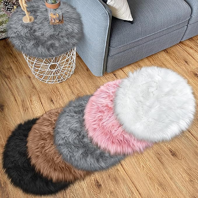 15.7 Inch Grey Mini Round Faux Fur Sheepskin Rugs Small Fluffy Circle Rug for Bedroom Dorm Living Room Shag Circular Carpet Mini Small Size for Nail Desk Sofa Couch Seat Cushion Photographing