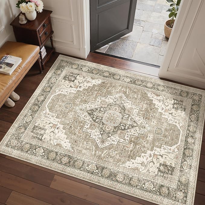 Roxstand 3x5 Area Rug - Washable Kitchen Rugs Non Slip,Soft Low Pile Small Rug for Entryway, Stain Resistant Vintage Area Rugs for Home Decor(Brown/Beige, 3'x5')