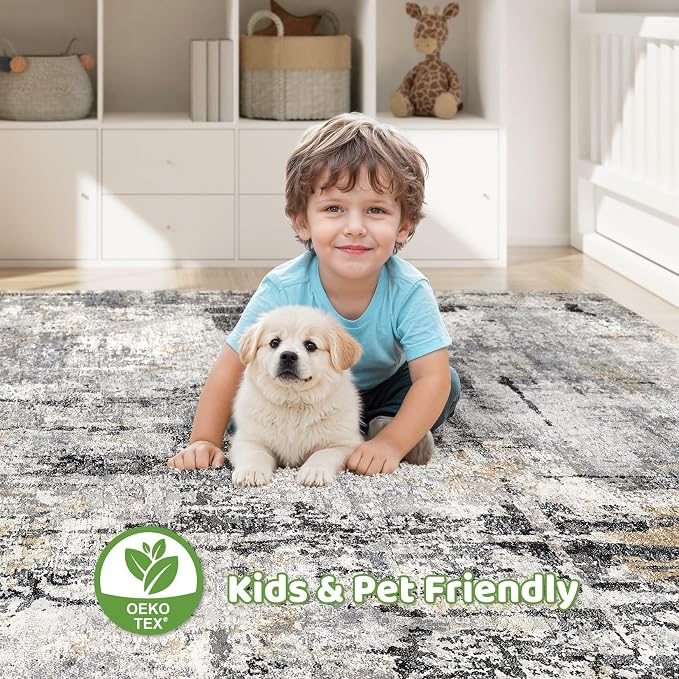 8x10 Area Rugs Living Room: Washable Large Abstract Soft Stain Resistant Indoor Floor Rugs Non-Slip Accent Carpet for Bedroom Nursery Playroom Office Dining Room Home House- Gray Beige