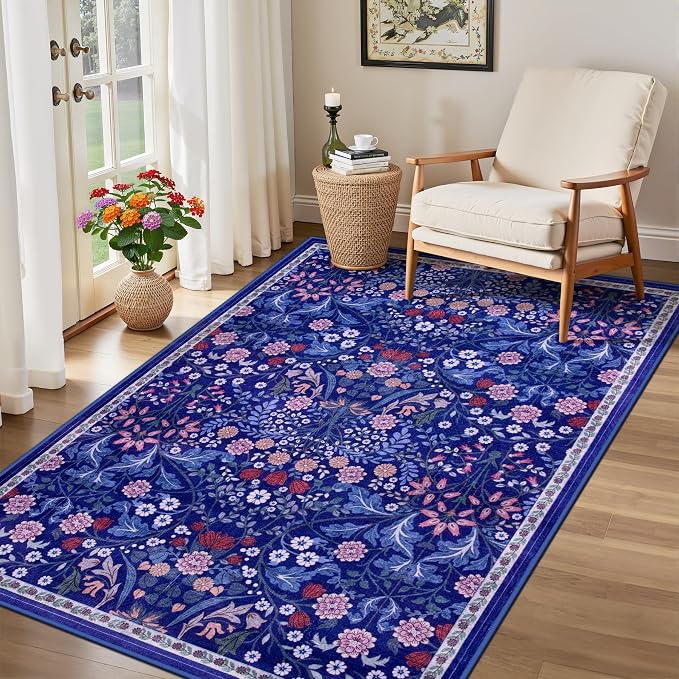 Area Rug Living Room Rugs: Floral 3x5 Washable Rug Vintage Soft Boho Non-Slip Carpet Indoor Floor Stain Resistant Large Carpets for Bedroom Dining Room Farmhouse Nursery Hallway Blue