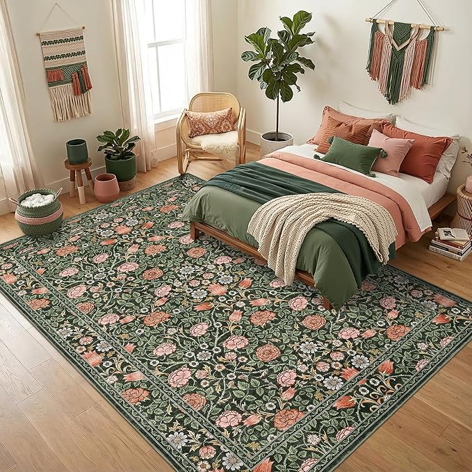 GarveeHome Dark Green Vintage Floral Washable 5x7 Area Rugs for Living Room Boho Botanical Retro Rug Low Pile Stain Resistance Non Slip Carpet for Bedroom Nursery Dining Room