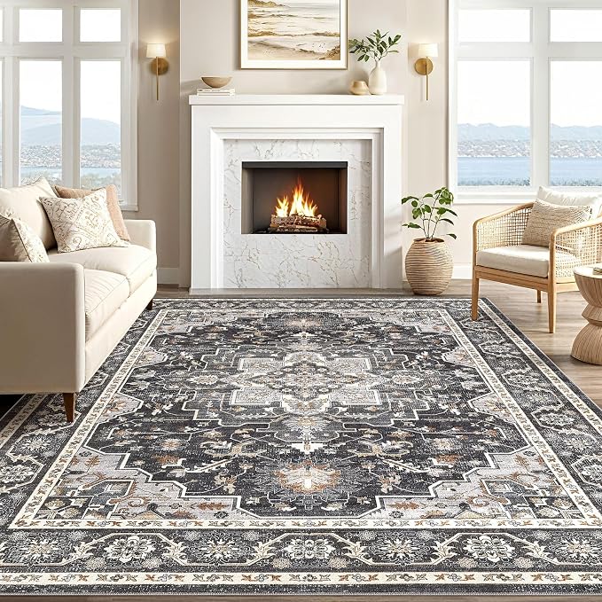 Vintage Living Room Area Rug 9x12 - Large Soft Washable Oriental Traditional Distressed Farmhouse Rugs for Bedroom - Indoor Floor Accent Carpet for Home Office House Decor - Black