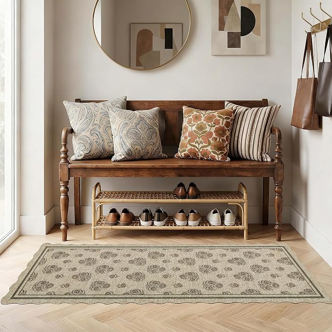 ORTIGIA Scalloped Easy Jute 2x6 Kitchen Runner Rug Vintage Brown Floral Accent Farmhouse Washable Rug Non-Slip Outdoor Carpet for Entryway Indoor Hallway Patio Laundry Room