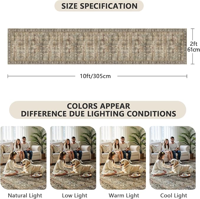 2x10 Hallway Runner Rug, Washable Vintage Retro Long Runner Rugs for Kitchen Laundry, Soft Ultra Thin Non Slip Low Pile Traditional Distressed Boho Carpet for Bedroom Bathroom, Charcoal Olive