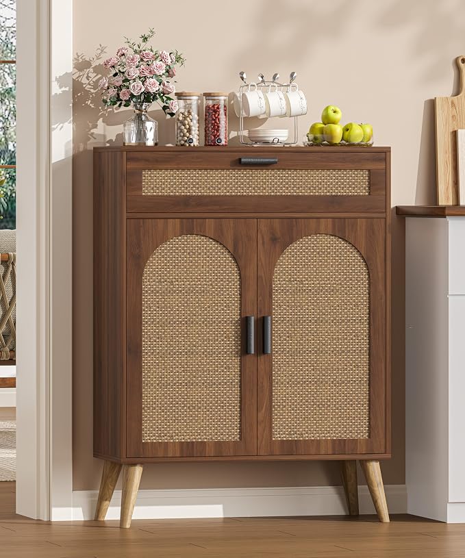 Keehusux Rattan Storage Cabinet with Drawer and 2 Doors, Accent Sideboard Buffet Cabinet with Adjustable Shelf, Solid Wood Feet, Coffee Bar for Kitchen, Living Room, Entryway, Walnut