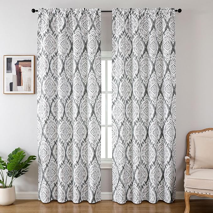 Joydeco Printed Curtains 84 inches Long,Vintage Floral Curtains for Living Room 2 Panels,52 x 84 inch Rod Pocket Thermal Insulated Bohemian Drapes for Bedroom,Dining Room,Grey