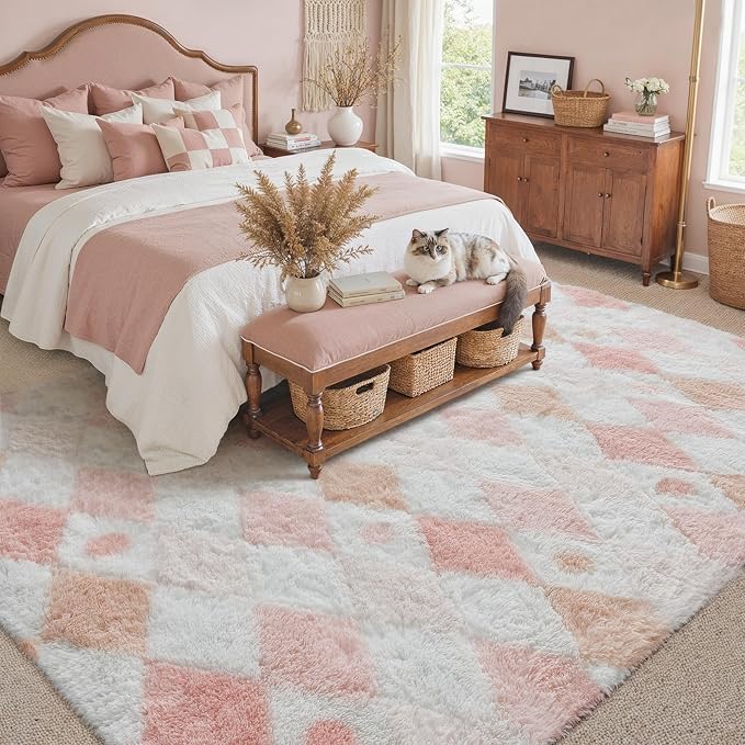 PureCozy Checkered Rug 9x12 Fluffy Shag Living Room Pink Area Rug Modern Washable Carpet Soft Shaggy Non Slip Indoor Plush Fuzzy Rugs for Bedroom Dorm Office Home Aesthetic Decor