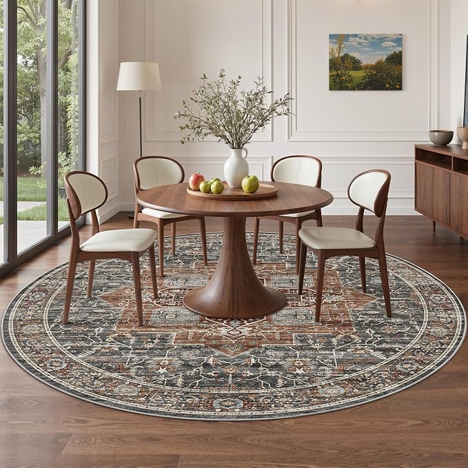 Roxstand 9ft Round Washable Area Rug, Non Slip Rug, Grey/Brown/Tan | Large Round Rug, Vintage, Non-slip Backing, Low-Pile Carpet, Stain Resistant, Rugs for Living Room Bedroom Dining Room
