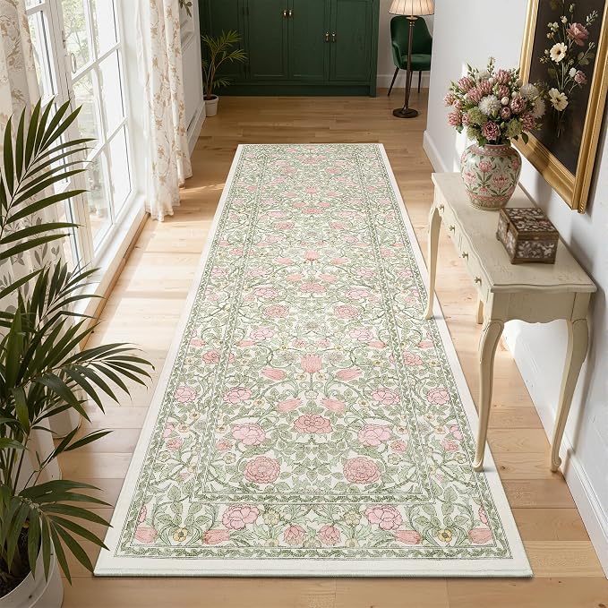 GarveeHome Pink and Green Beige 2.5x8 Runner Rug Washable Kitchen Rugs Non Slip Vintage Floral Boho Long Rug for Hallways Bedroom Entryway Bathroom Mat TPE Backing
