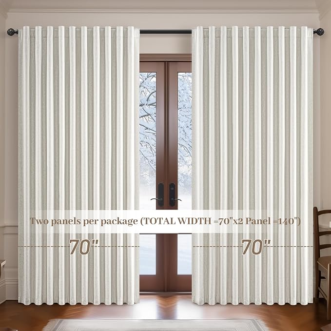 QJmydeco Butter Cream Extra Wide 70 Floor to Ceiling Blackout Curtains for Living Room, Linen Blend Pleated Farmhouse Drapes Rod Pocket Ceiling Track Large Windows Burg (70" Wx90 Lx 2Panels)