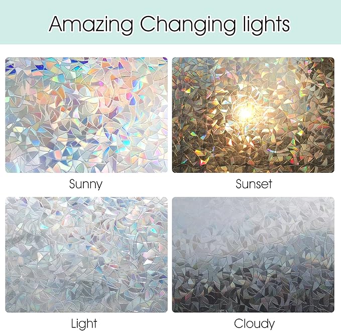 STATINT Stained Glass Privacy Film, UV Blocking Rainbow Static Cling Non-Adhesive Vinyl Stickers for Home Door Window, 29.5 Inch X 6.5 Feet