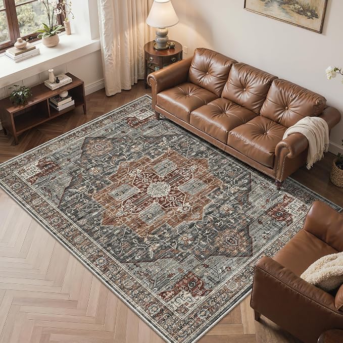 Roxstand 5x7 Area Rugs, Stain Resistant Machine Washable Area Rugs with Non-Slip Backing, Vintage Rugs for Bedroom, Living Room, Large Soft Low Pile Area Rug (Grey/Brown/Tan, 5'x7')