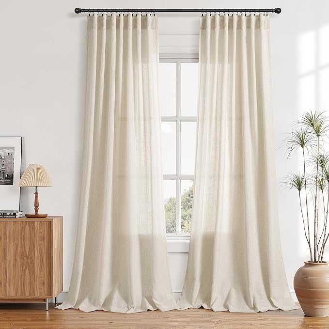 Aersas Birch Beige Linen Curtains 90 Inches Length for Living Room Flax Texture Wave Fabric Semi Sheer with Rod Pocket Back Tab for Bedroom Balcony Light Filtering Neutral Home Decor 52x90