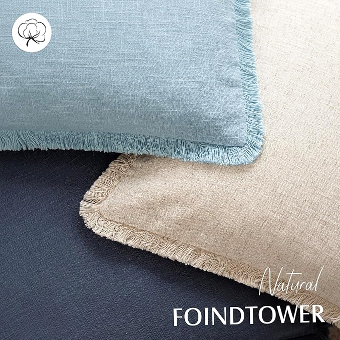 Foindtower Set of 2 Decorative Linen Fringe Throw Pillow Covers Cozy Boho Farmhouse Cushion Cover with Tassels Soft Accent Pillowcase for Couch Sofa Bed Living Room Home Decor,24×24 Inch,Light Blue