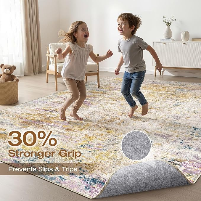6x9 Area Rugs Living Room: Washable Large Neutral Rug Abstract Soft Modern Stain Resistant Indoor Floor Non-Slip Carpet for Bedroom Nursery Kids Classroom Playroom Dining Room- Gold Multi