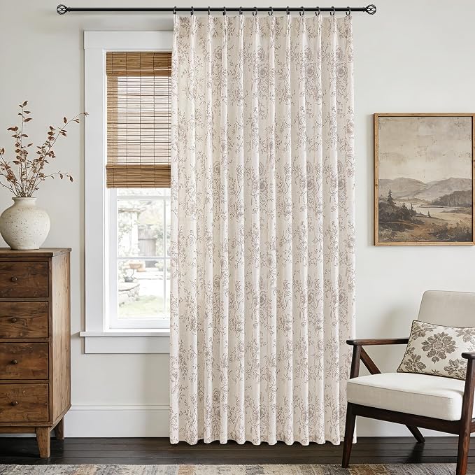 Meikelor Coffee Pinch Pleated Floral Curtains 132 inch Long for Living Room 70" W x 132" L