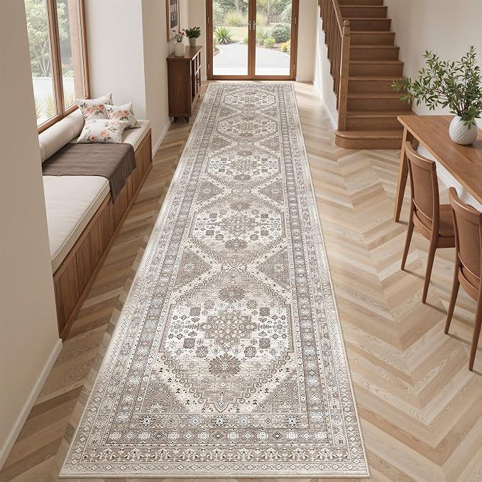 2'6" x 16'Non Slip Runner Rugs - Runners for hallways, Kitchen,Entryway,Stain Resistant Washable Rugs for Bedroom, Indoor Vintage Area Rugs (Brown/Beige,2'6" x 16')