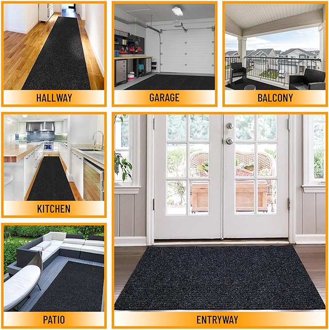 Ottomanson 2'7" x 18' Hallway Runner with Scraper Pile - Extra Durable Non-Slip Rug Mat for Indoor & Outdoor Use - Ideal for Kitchen, Entryway & Garage - High-Traffic Carpet, Black