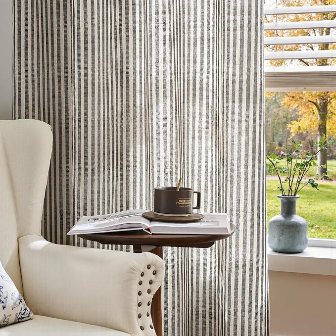 jinchan Linen Curtains 84 Inch Black Stripe on Beige Grommet 2 Panels | Curtains for Living Room Bedroom,Ticking Stripe Pattern,Farmhouse Cottage Core Rustic, Window Treatment,Light Filtering