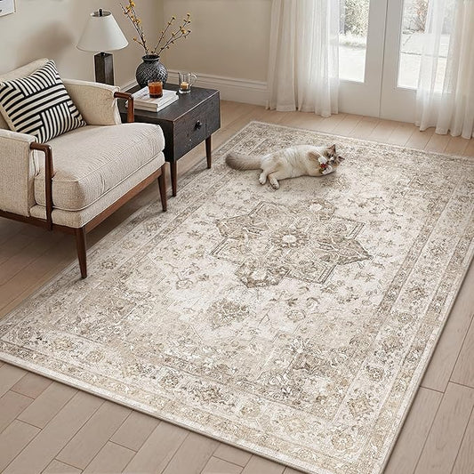 PureCozy Taupe Area Rug 4x5 Washable Vintage Carpet for Office Kitchen Non Slip Retro Distressed Door Mat Low Pile Soft Oriental Medallion Thin Small Throw Rug Entryway Bedroom Bathroom Dining Room