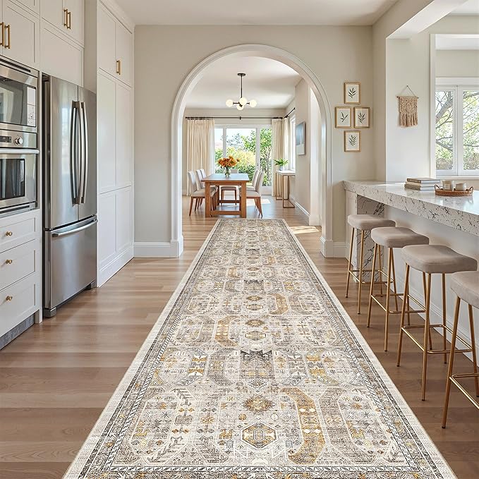 Madane Hallway Runner Rug 3x16 Washable Kitchen Runners Long, Brown/Gold | Vintage Non-Slip Wide Area Rugs 16ft for Entryway, Low-Pile Farmhouse Indoor Floor Carpet for Living Room Bedroom