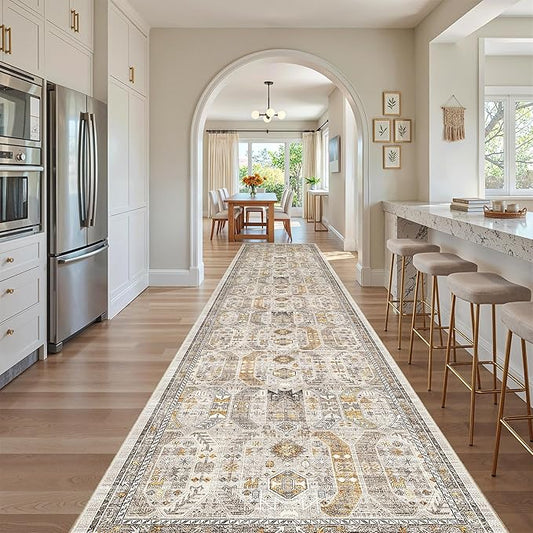 Madane Hallway Runner Rug 3x16 Washable Kitchen Runners Long, Brown/Gold | Vintage Non-Slip Wide Area Rugs 16ft for Entryway, Low-Pile Farmhouse Indoor Floor Carpet for Living Room Bedroom