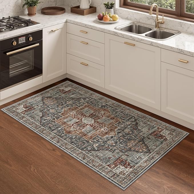 Roxstand Washable Runner Rug 2x4 - Vintage Non-Slip Small Area Rugs for Entryway, Low-Pile Stain Resistant Indoor Rug for Laundry Room Kitchen Bathroom Dining Room (Grey/Brown/Tan)