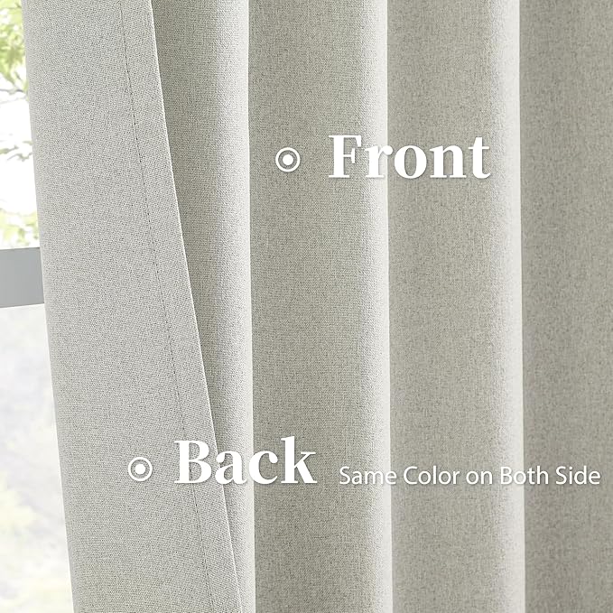 KEQIAOSUOCAI Linen Blackout Curtain Panels, Boho Country Cooling Warming Completely Blackout 72 inch Drop Thermal Insulated Draperies,Hook Belt Back Tab, 2 Panels Set, 50 by 72 Inch, Greyish Beige