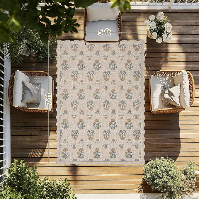 ORTIGIA Scalloped Easy Jute 5x7 Area Rug Vintage Yellow Floral Farmhouse Washable Rug Non-Slip Indoor Outdoor Carpet for Living Room Bedroom Patio Entryway