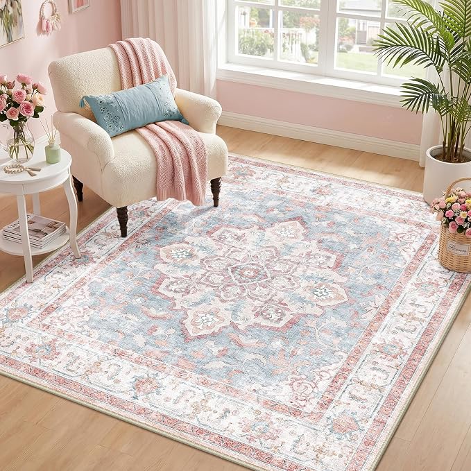 CAPALOCA Machine Washable Rugs Nursery Rug Sq5ft Cute Girl Non Slip Low Pile Water Repellent Soft Print Pattern for Bedroom Indoor Decor Kids Playroom Pink Blue