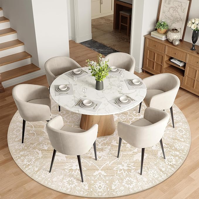 Soalmost Washable Round Rug 8ft for Living Room, Soft Circle Area Rug Beige | Vintage Floral Ultra-Thin Non-Slip Rugs, 8x8 Round Throw Carpet for Dining Room Nursery Bedroom Kitchen 8'Round