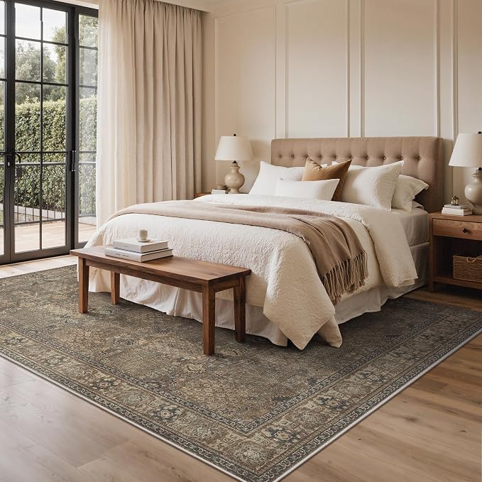 Bavni Washable Rugs 5x7 Machine Washable Rug Lightweight Low Pile, Vintage Floral Rug Non-Shedding Distressed Throw Carpet for Living Room Bedroom Office, Brown