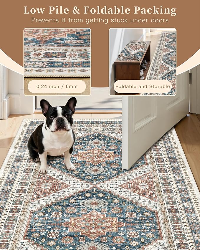 Madane Washable Runner Rugs 2x10 Long for Hallway Kitchen, Navy Blue | Non-Slip Low-Pile 10ft Rug Runners Soft, Stain-Resistant Floor Carpet Mat for Entrance, Living Dining Laundry Room, Stair