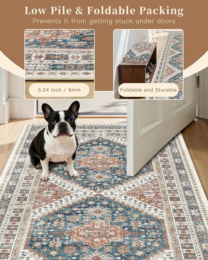 Madane Hallway Runner 3x8, Kitchen Rugs Washable Entry Rug, Navy Blue | Vintage Non Slip Entryway Indoor Area Rugs, Soft Low-Pile Farmhouse Wide Carpet Runners for Bathroom Living Room Bedroom