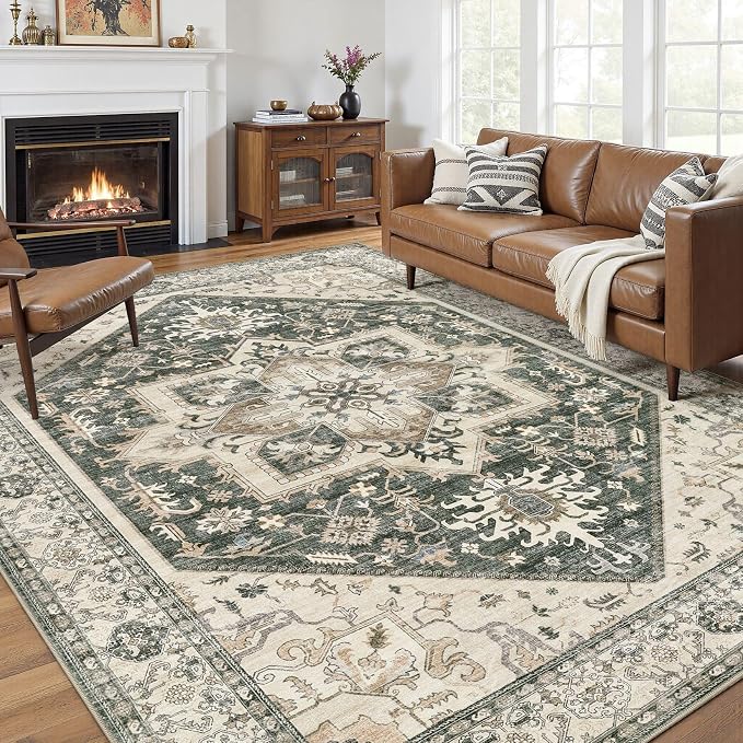 10x12 Area Rugs for Living Room - Large Carpet Ultra Thin Soft Washable Oriental Vintage Floral Distressed Rug Big Indoor Carpets for Bedroom Nursery Dorm Home Decor Aesthetic - Vintage Green