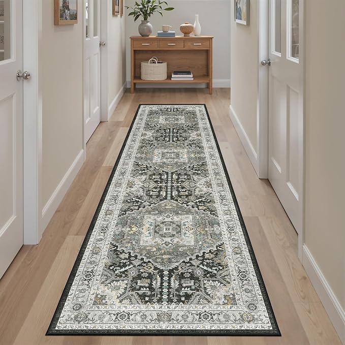 Madane Washable Runner Rug 2x8, Runners for Hallways Non-Slip Kitchen Runner Rugs Ultra-Thin Laundry Room Carpet Runner for Entrance Living Dinning Room Foyer, Grey Green/Black Olive