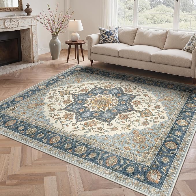 GENIMO 9x12 Area Rugs for Living Room, Machine Washable Non Slip Rugs, Low Pile Lightweight Print Rug for Bedroom, Dining Room, Home Office, Vintage Blue Medallion